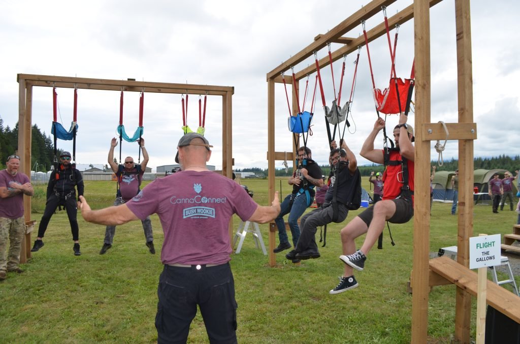 Multiple people in skydive training hang harnesses